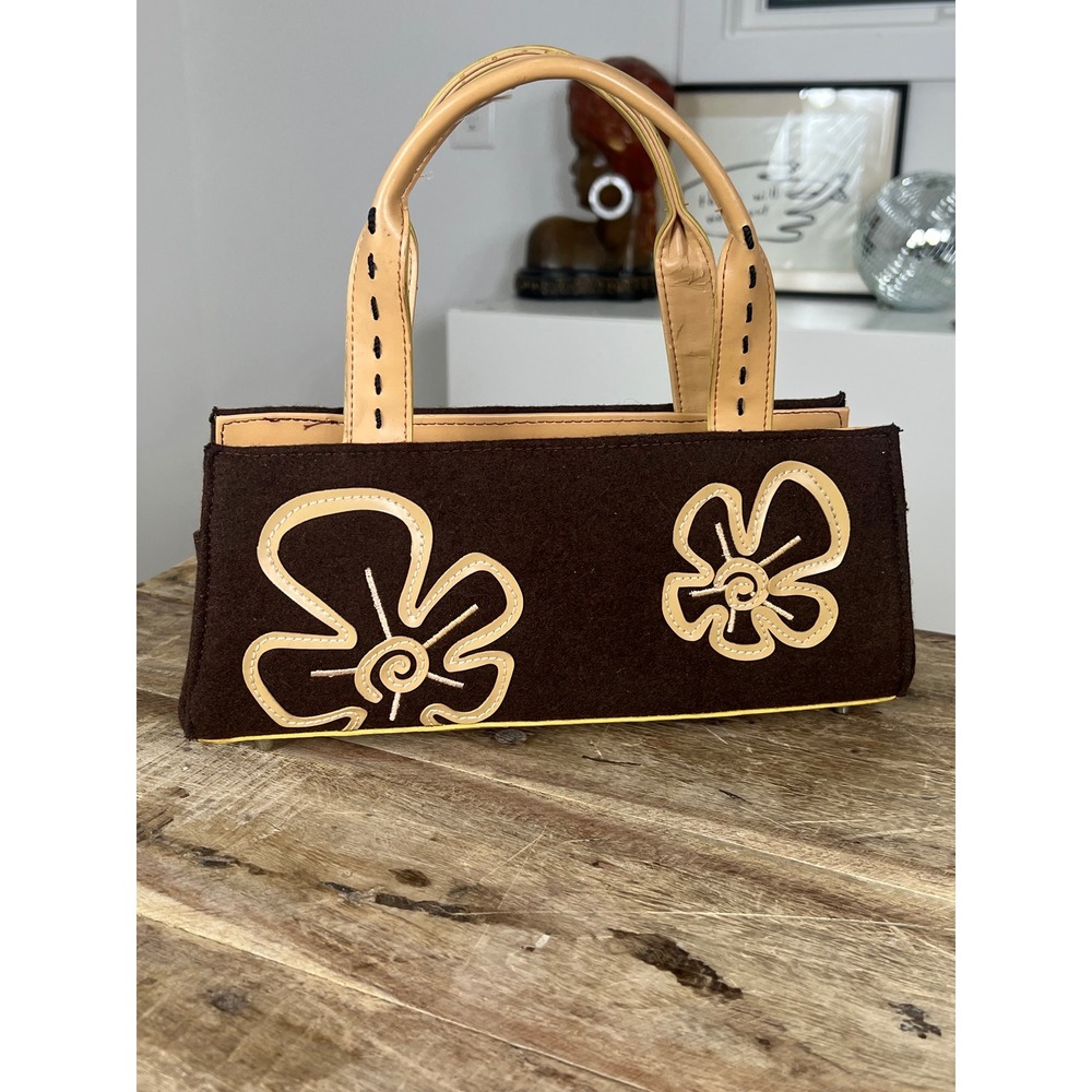 Vintage Brown Felt Faux Leather Floral Applique Top Handle Satchel Bag Brown Tan